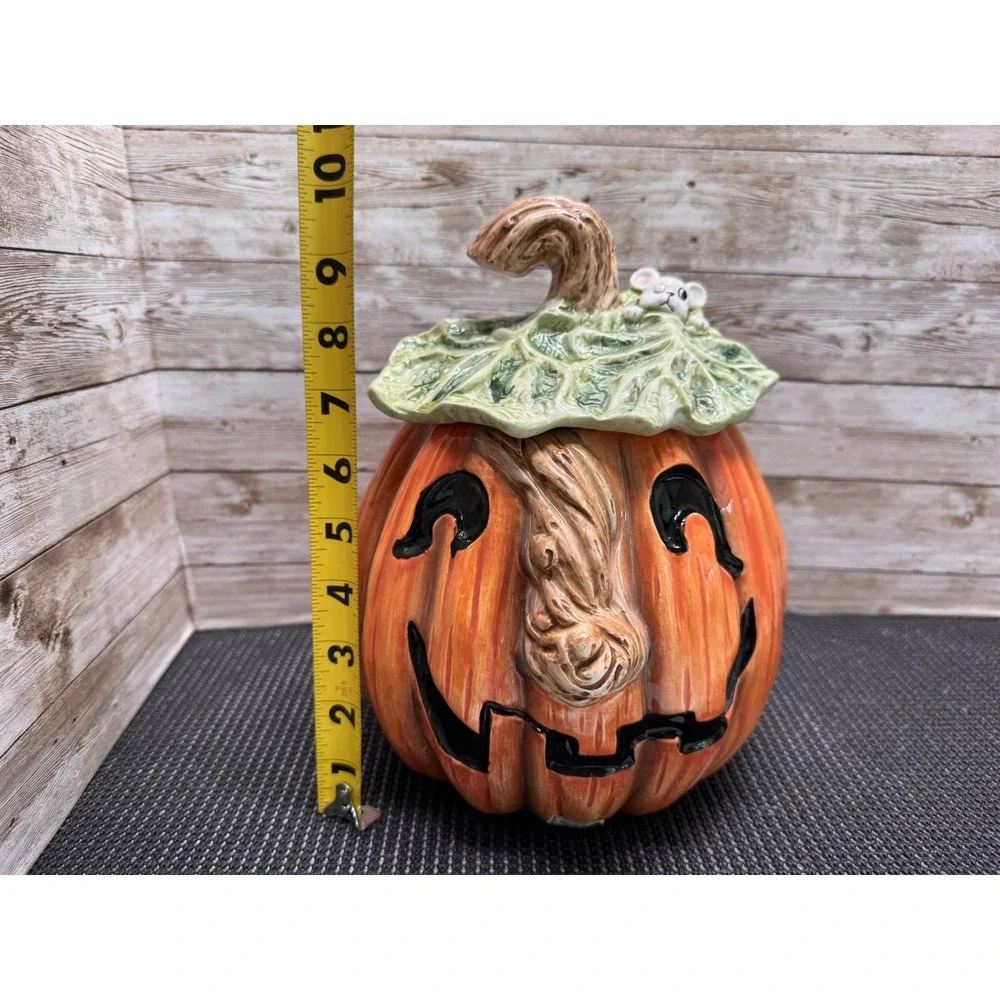1989 Omnibus OCI Fitz & Floyd Ceramic Pumpkin Halloween Cookie Jar Mouse VTG